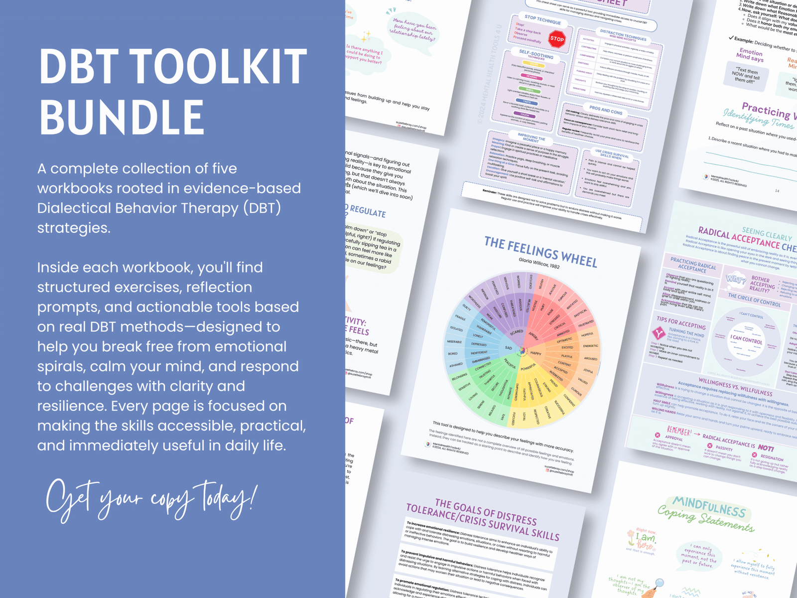 DBT Toolkit Bundle 2 scaled dbt skills toolkit bundle: mindfulness |radical acceptance |distress tolerance | interpersonal effectiveness | emotional regulation workbook