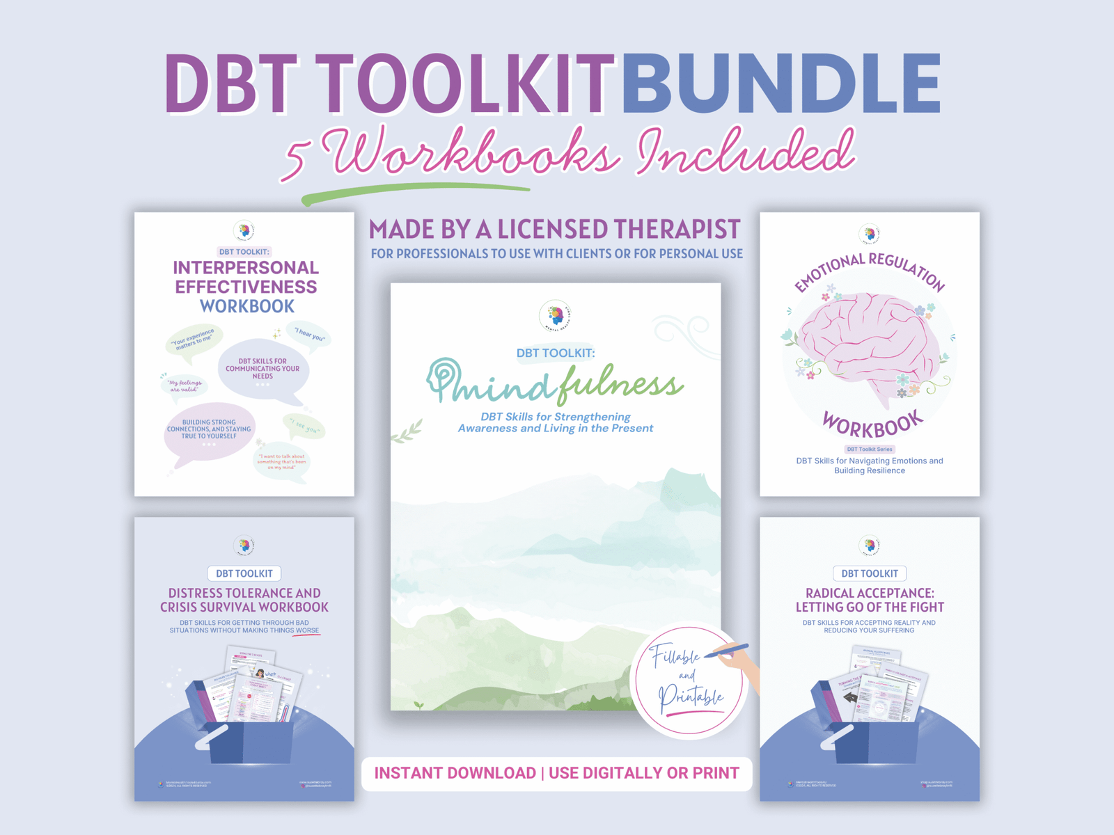 dbt skills toolkit bundle: mindfulness |radical acceptance |distress tolerance | interpersonal effectiveness | emotional regulation workbook