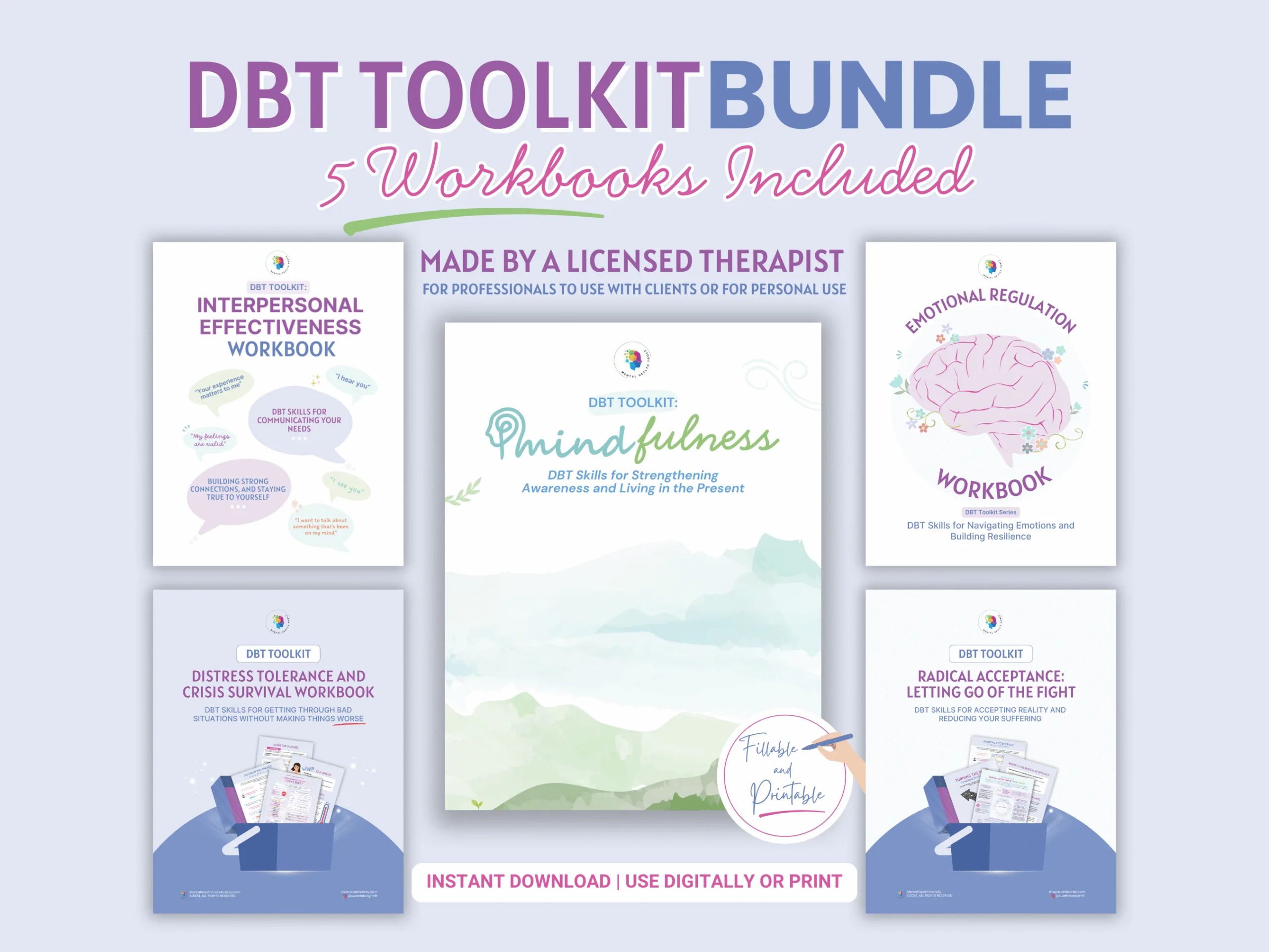 dbt skills toolkit bundle: mindfulness |radical acceptance |distress tolerance | interpersonal effectiveness | emotional regulation workbook
