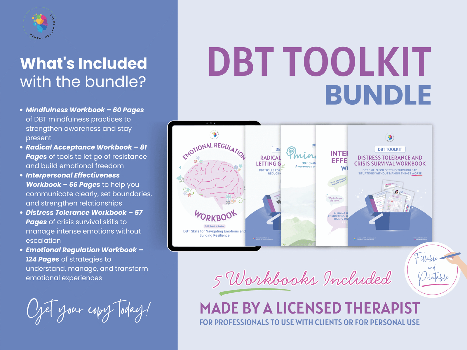 dbt skills toolkit bundle: mindfulness |radical acceptance |distress tolerance | interpersonal effectiveness | emotional regulation workbook
